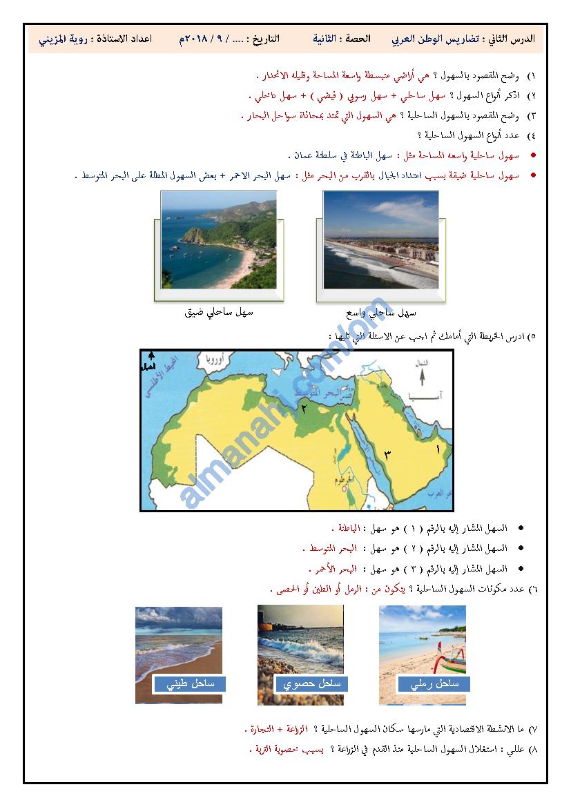 مذكرة أنشطة وتدريبات في درس تضاريس الوطن العربي الصف الخامس اجتماعيات