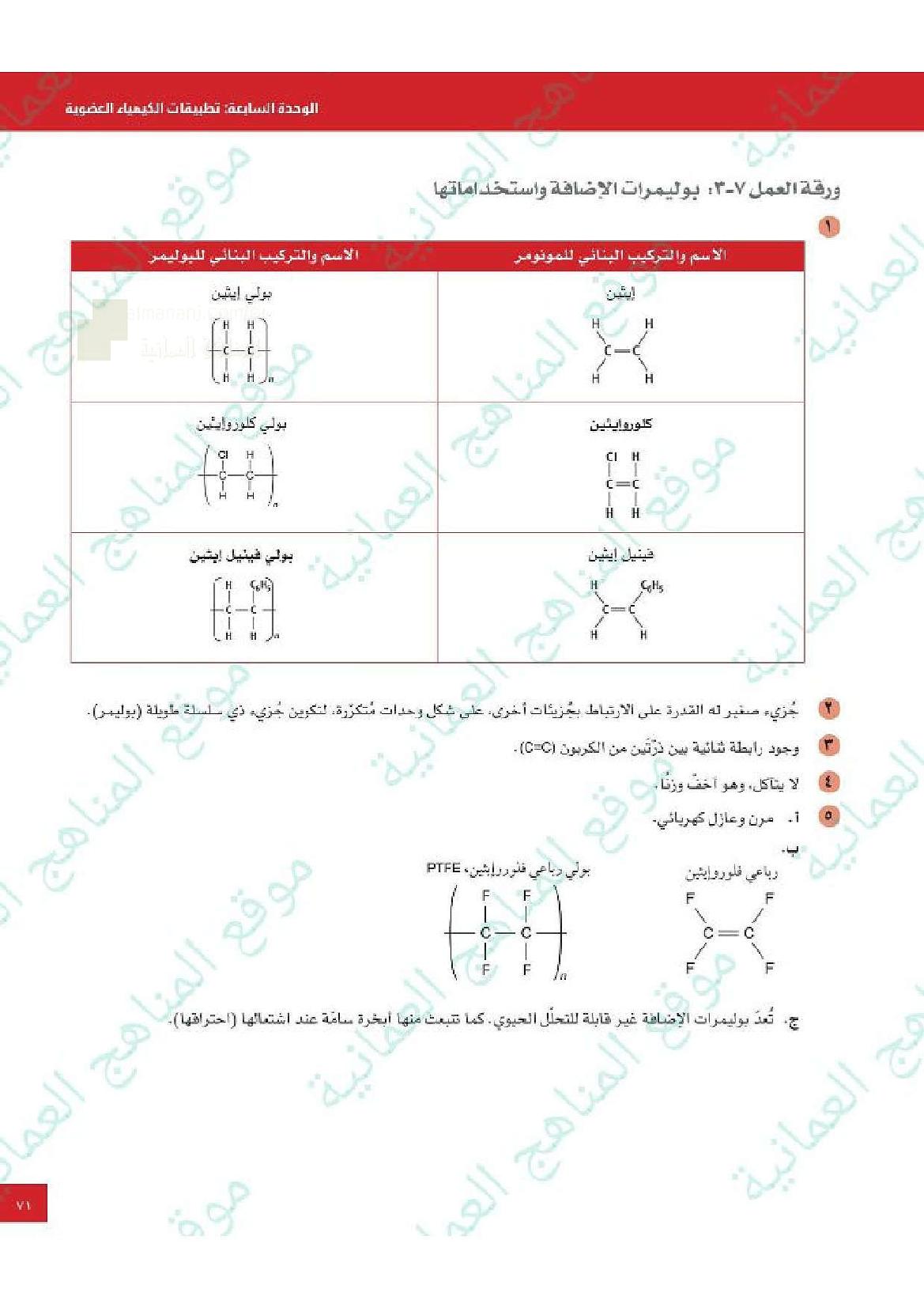 مذكرة إجابات أسئلة أوراق العمل للوحدة السابعة تطبيقات الكيمياء العضوية